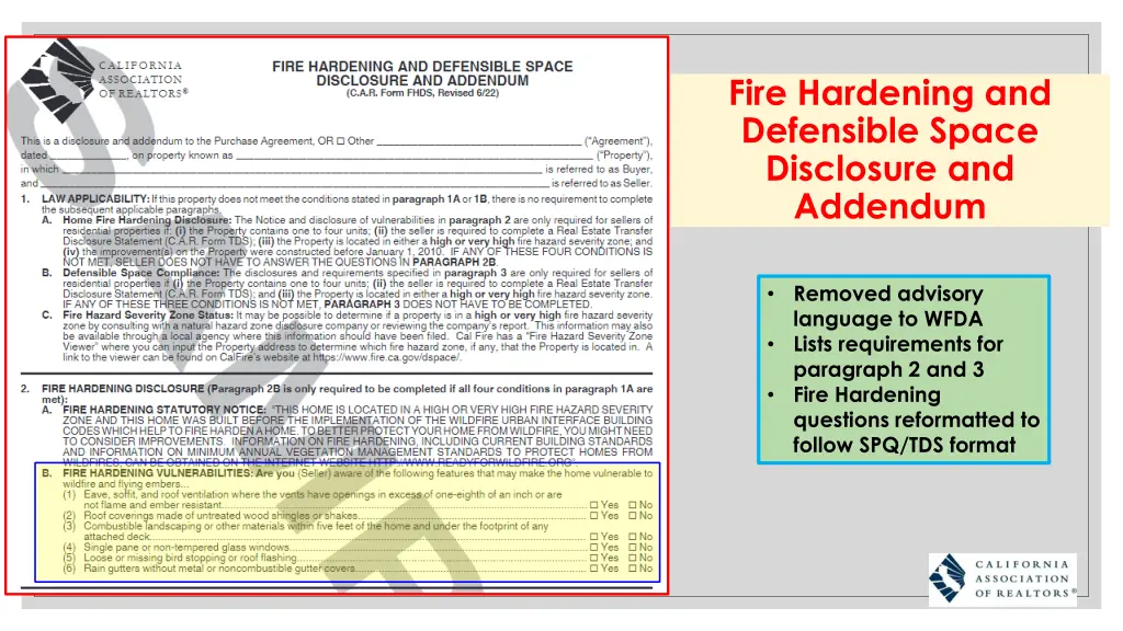 fire hardening and defensible space disclosure