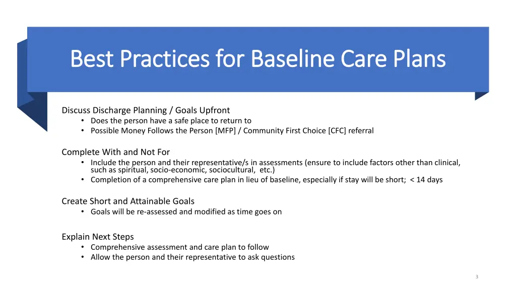 best practices for baseline care plans best