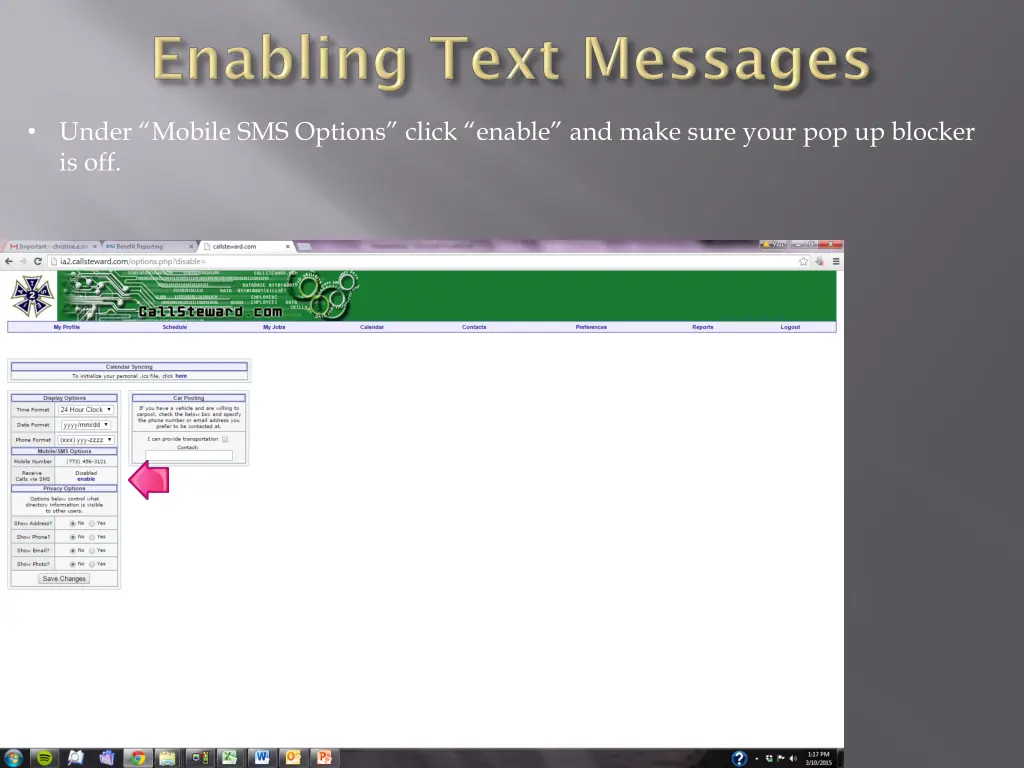 under mobile sms options click enable and make