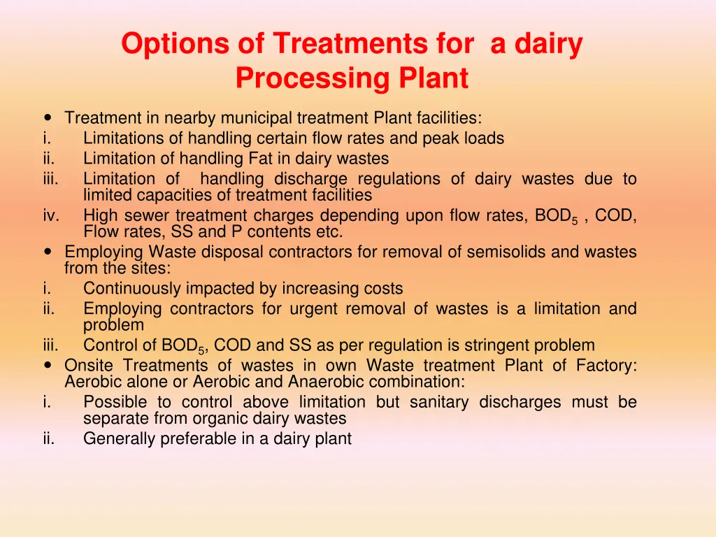 options of treatments for a dairy processing plant