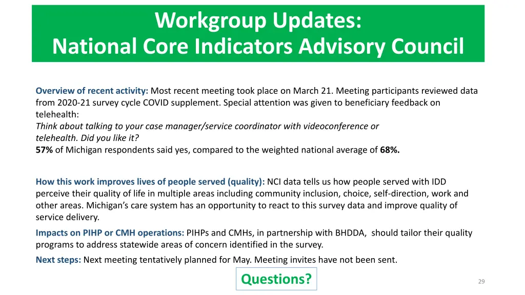 workgroup updates national core indicators