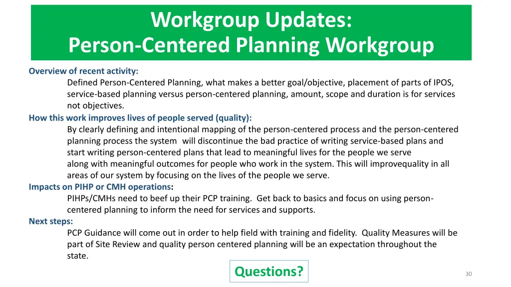 workgroup updates person centered planning