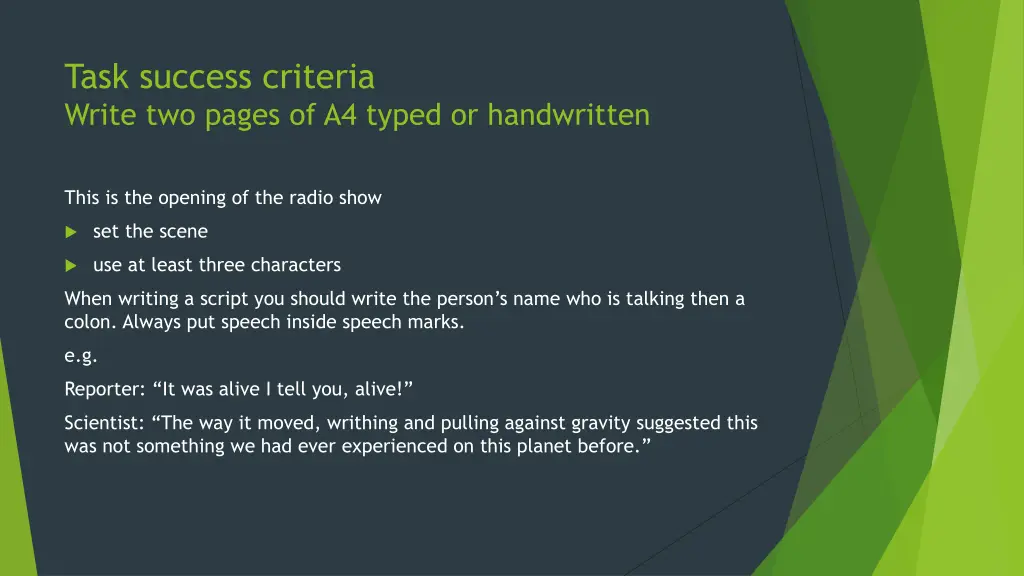 task success criteria write two pages of a4 typed