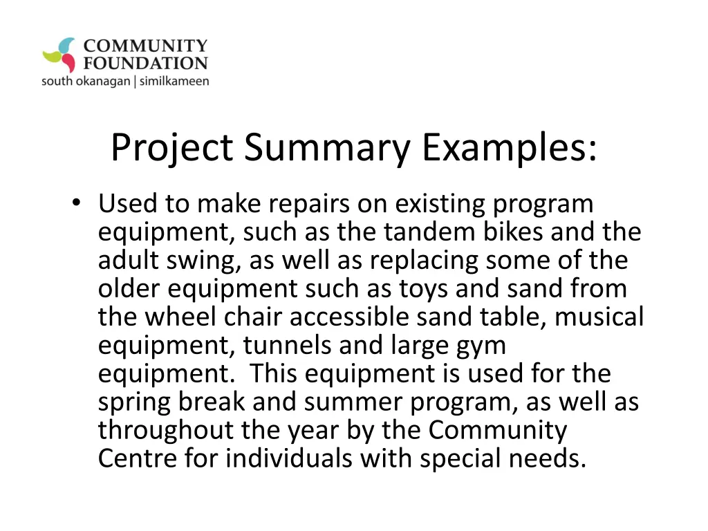 project summary examples used to make repairs