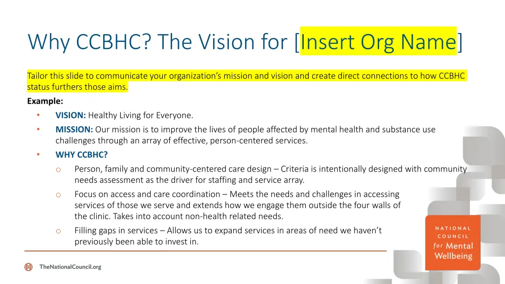 why ccbhc the vision for insert org name