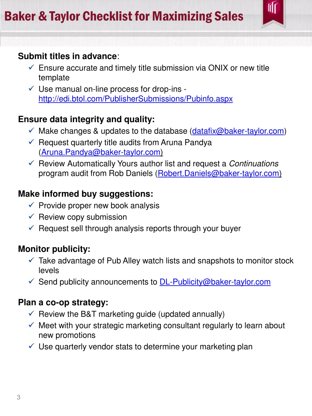 baker taylor checklist for maximizing sales