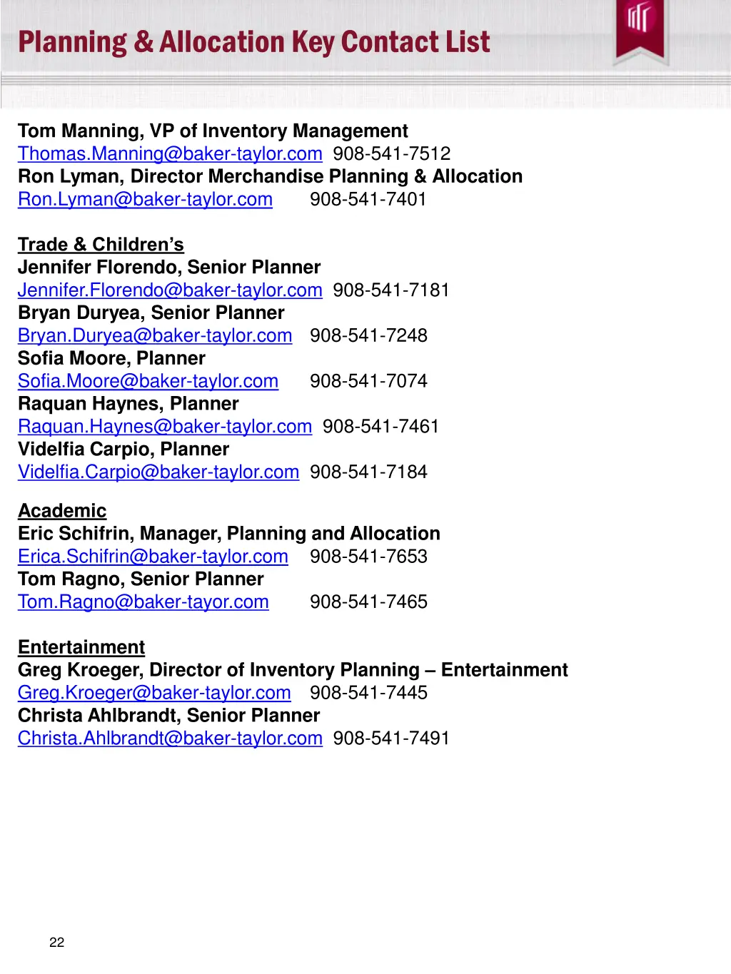 planning allocation key contact list