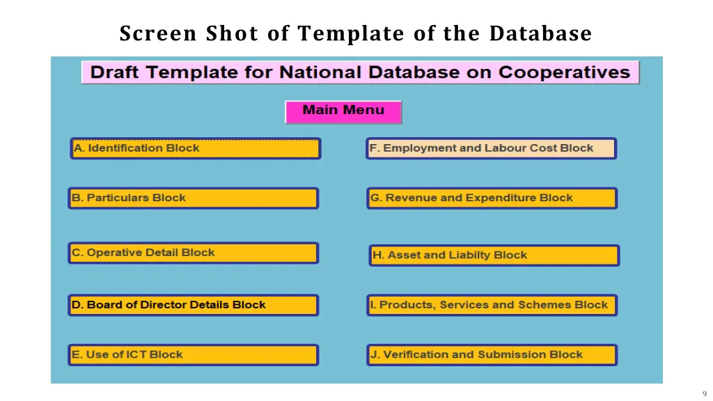 screen shot of template of the database