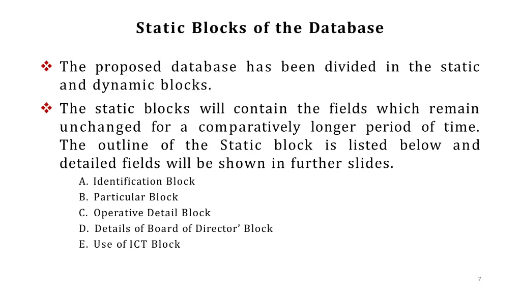 static blocks of the database