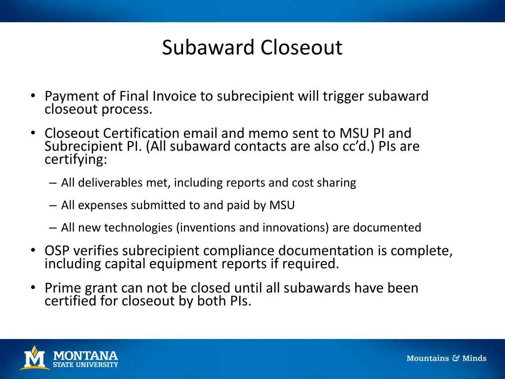 subaward closeout