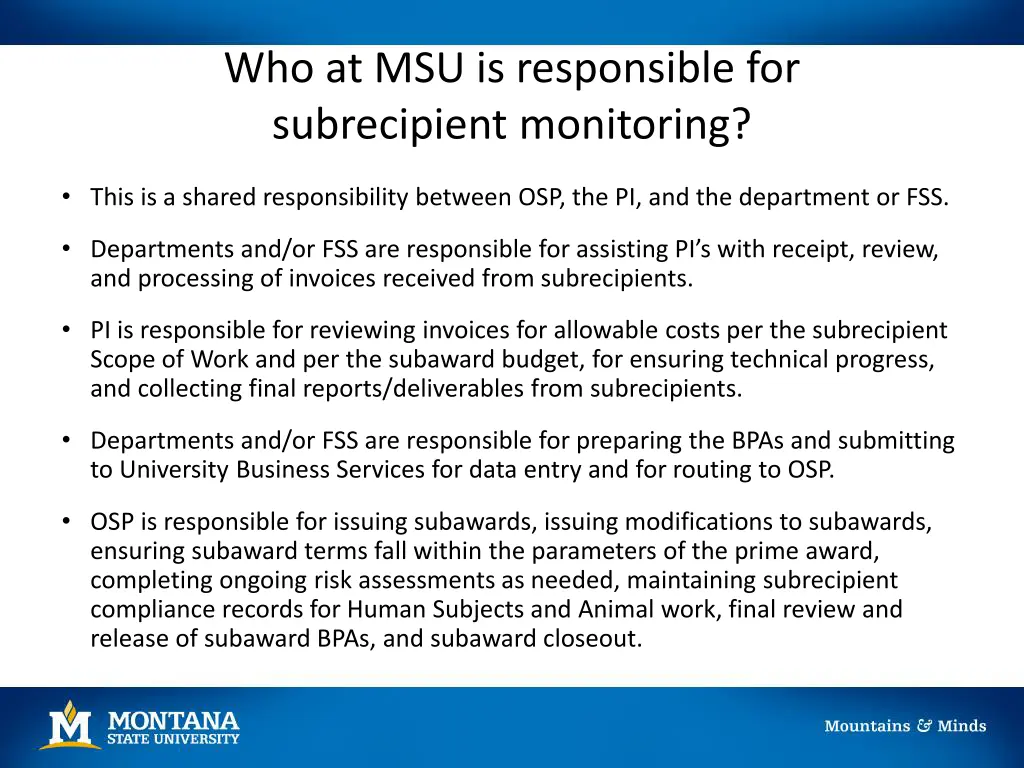 who at msu is responsible for subrecipient