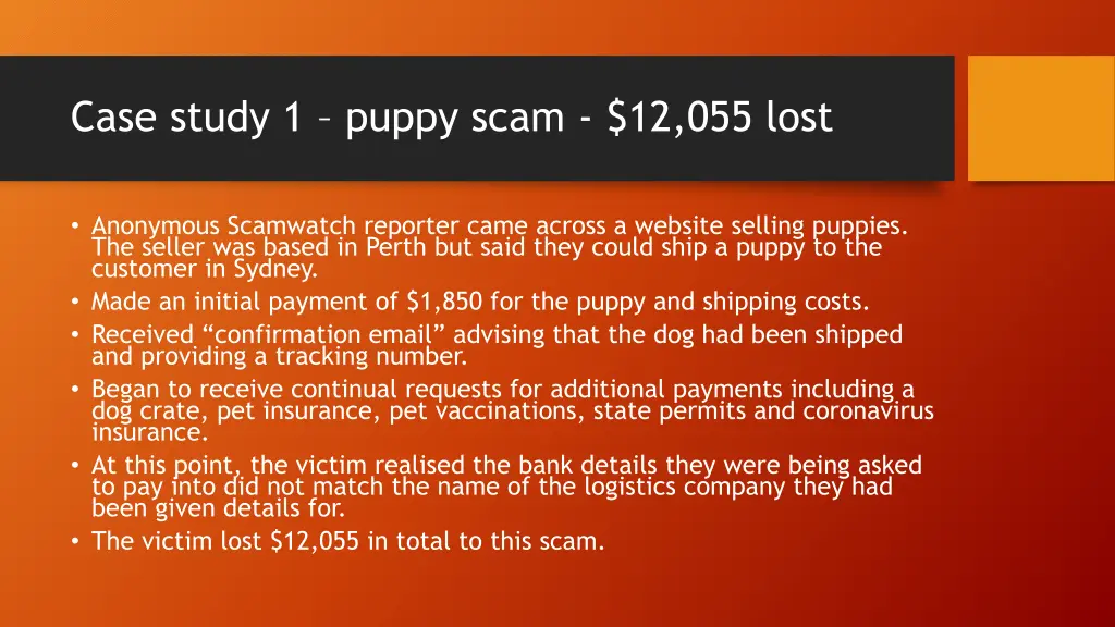 case study 1 puppy scam 12 055 lost