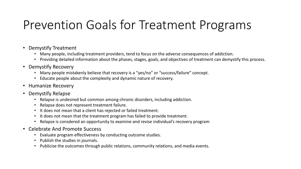 prevention goals for treatment programs