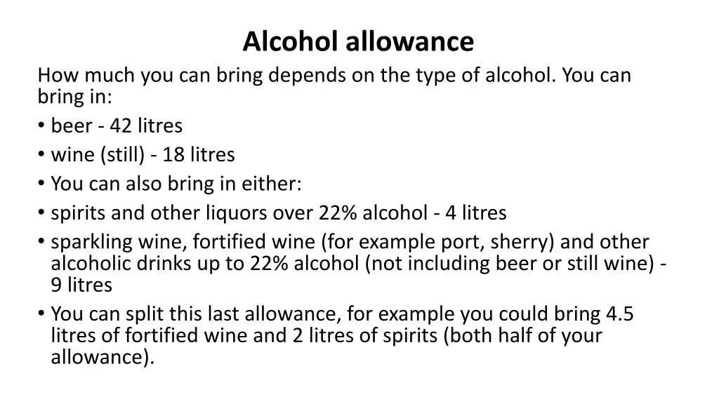 alcohol allowance