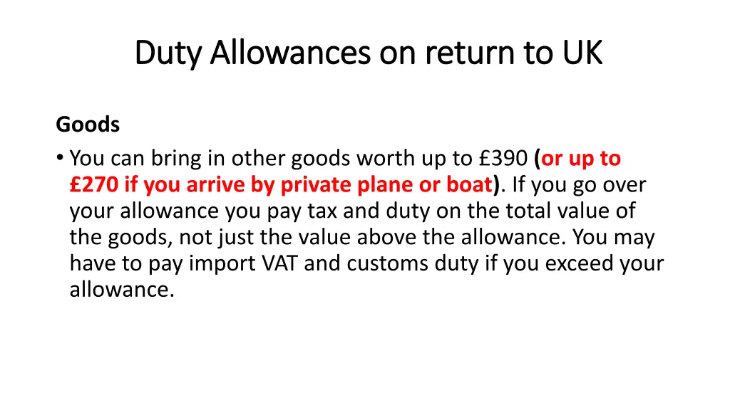 duty allowances on return to uk duty allowances