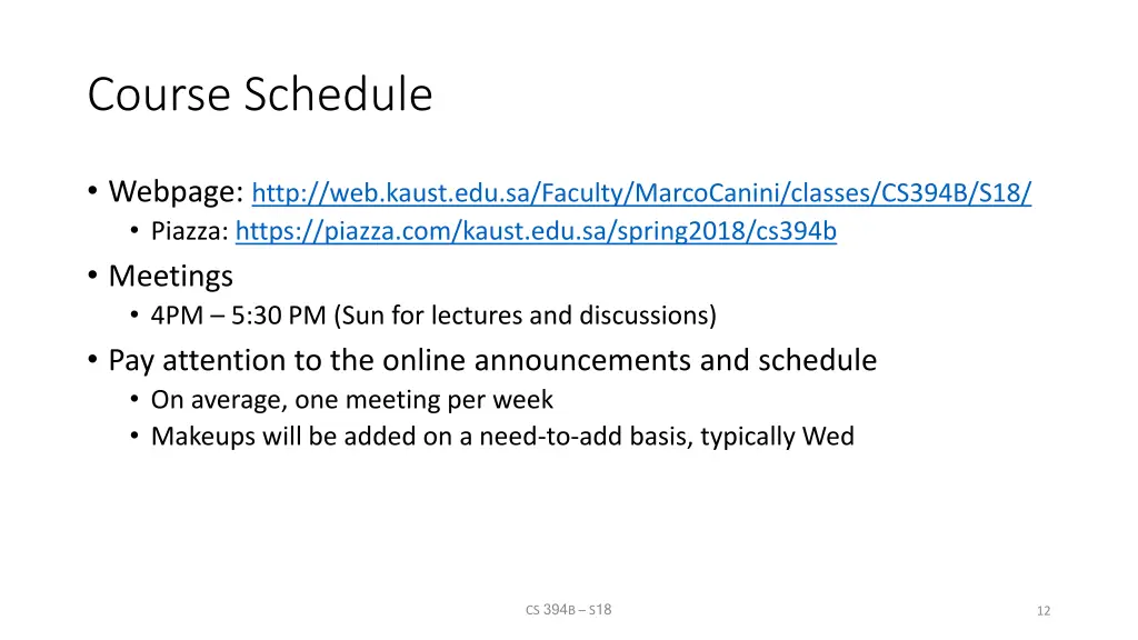 course schedule