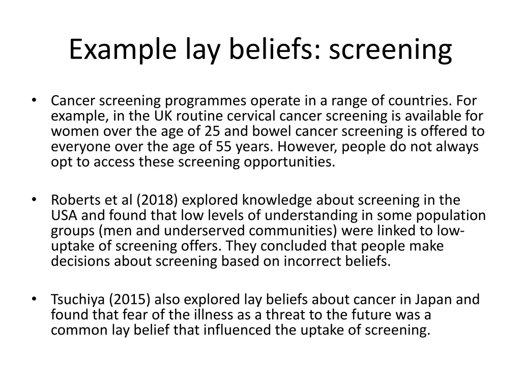 example lay beliefs screening