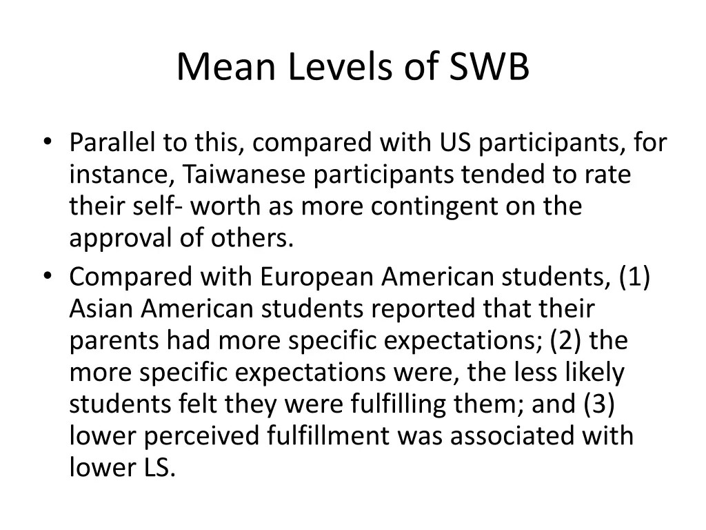 mean levels of swb 4