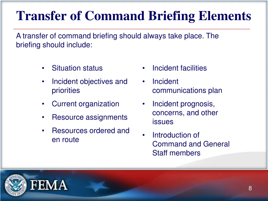 transfer of command briefing elements