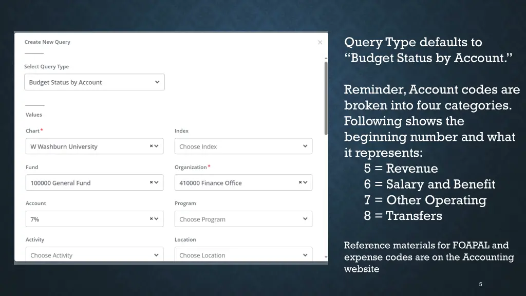 query type defaults to budget status by account