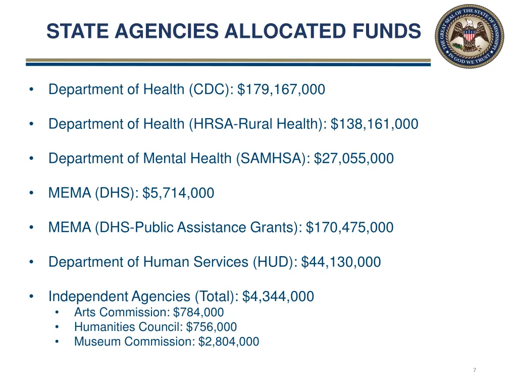 state agencies allocated funds 1