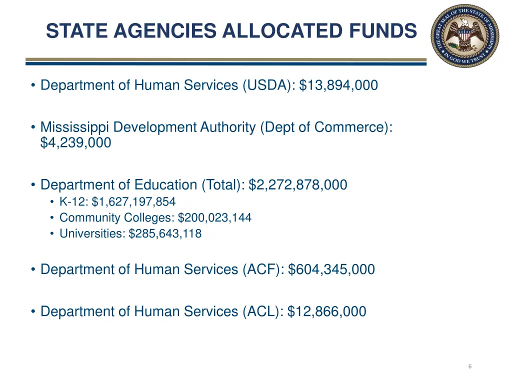 state agencies allocated funds