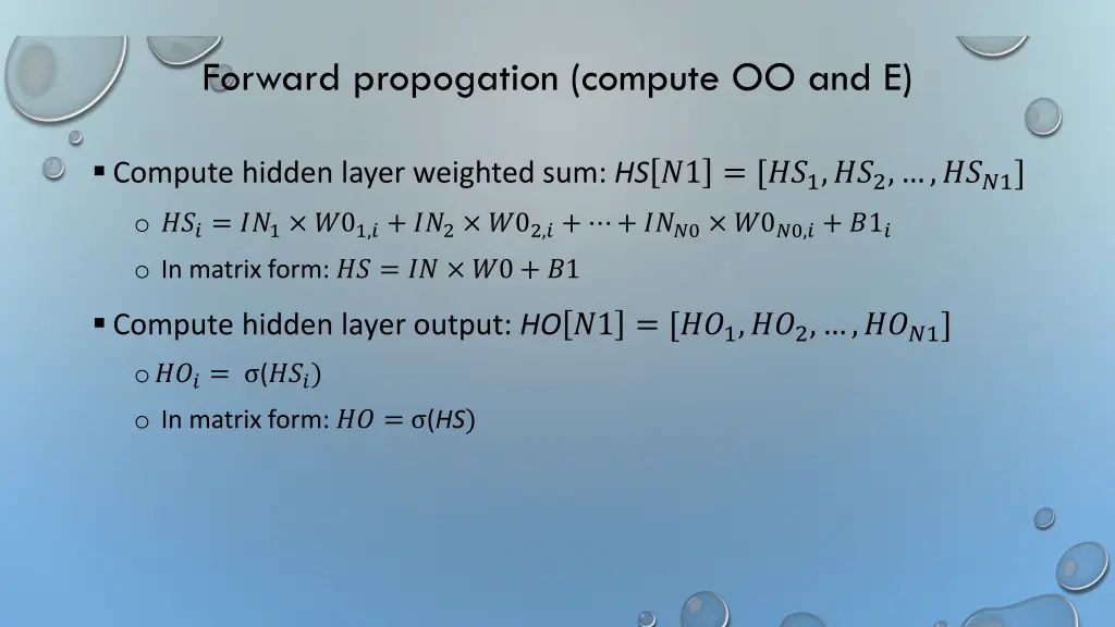 forward propogation compute oo and e