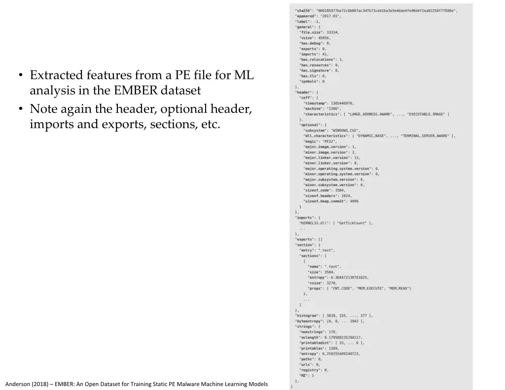 extracted features from a pe file for ml analysis