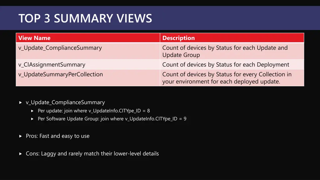 top 3 summary views