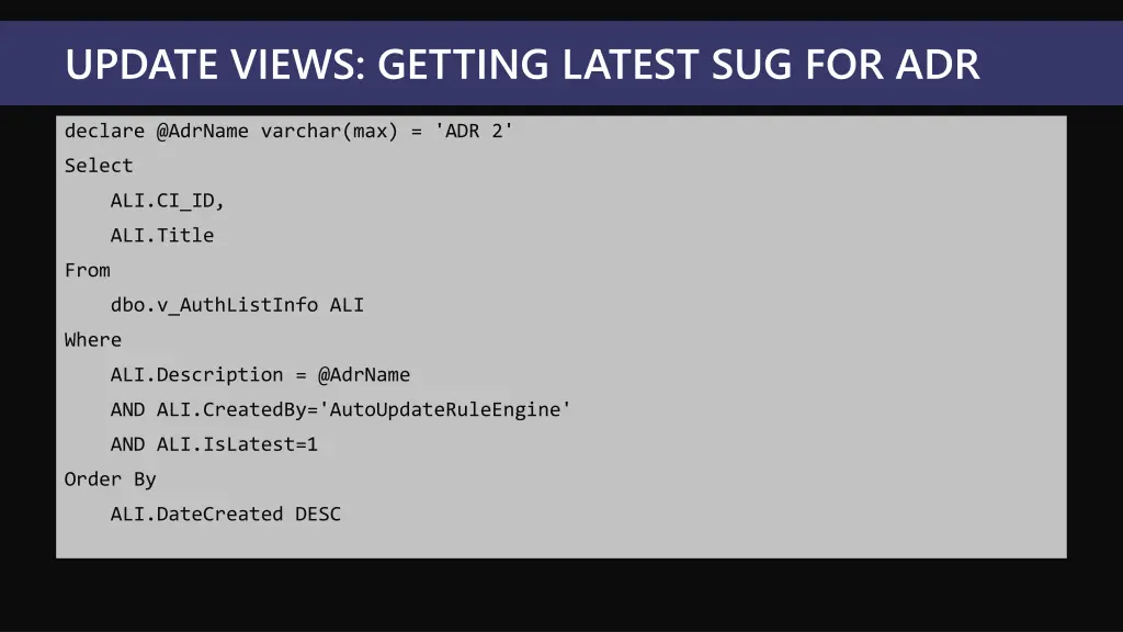 update views getting latest sug for adr