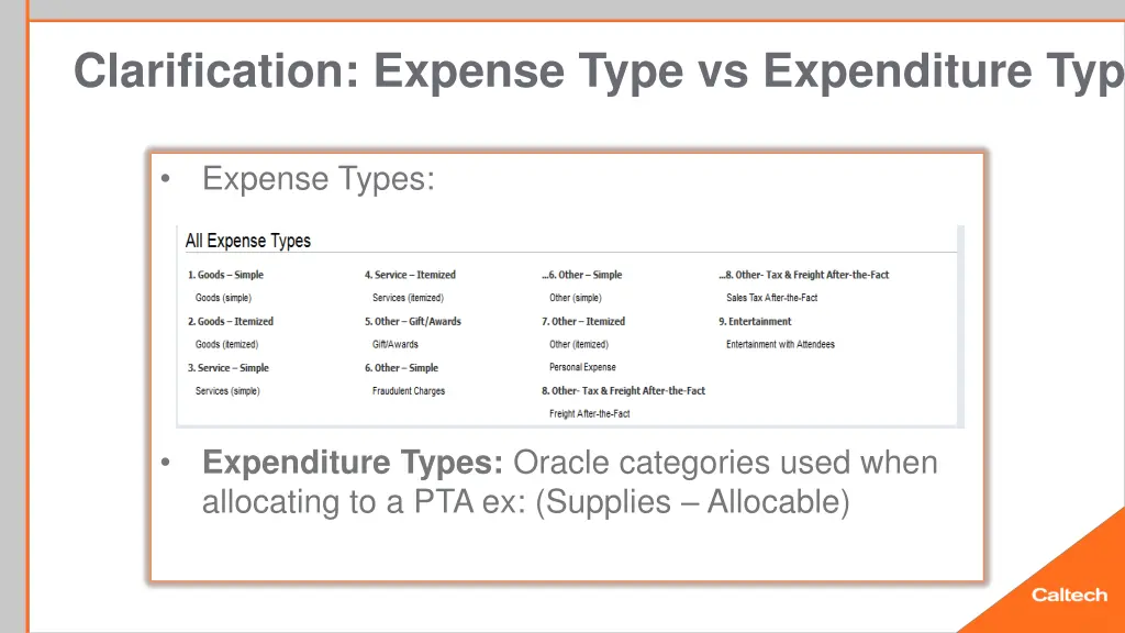 clarification expense type vs expenditure type