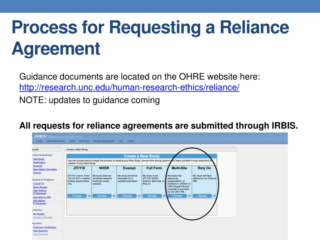 process for requesting a reliance agreement