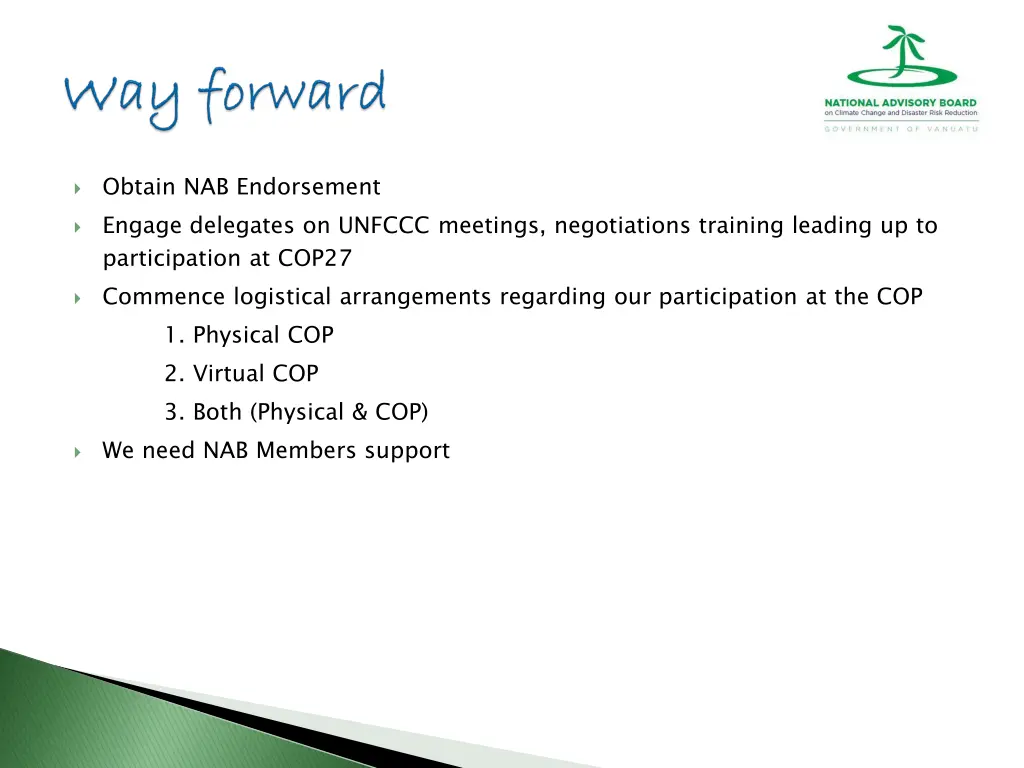 obtain nab endorsement engage delegates on unfccc