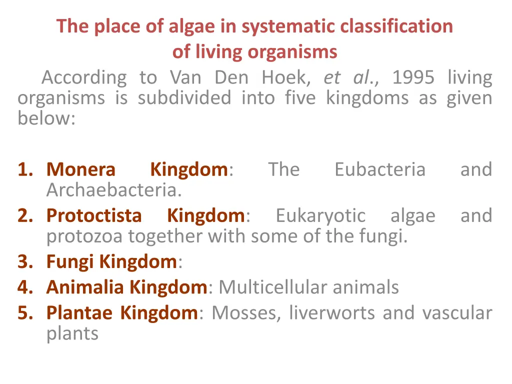 the place of algae in systematic classification