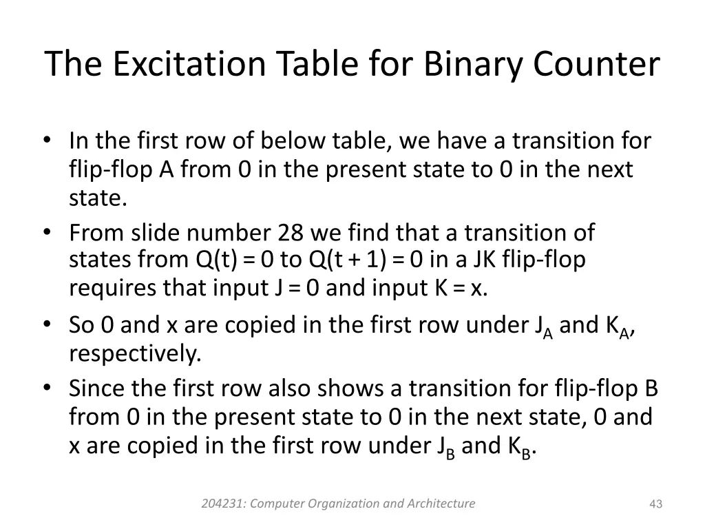 the excitation table for binary counter 1