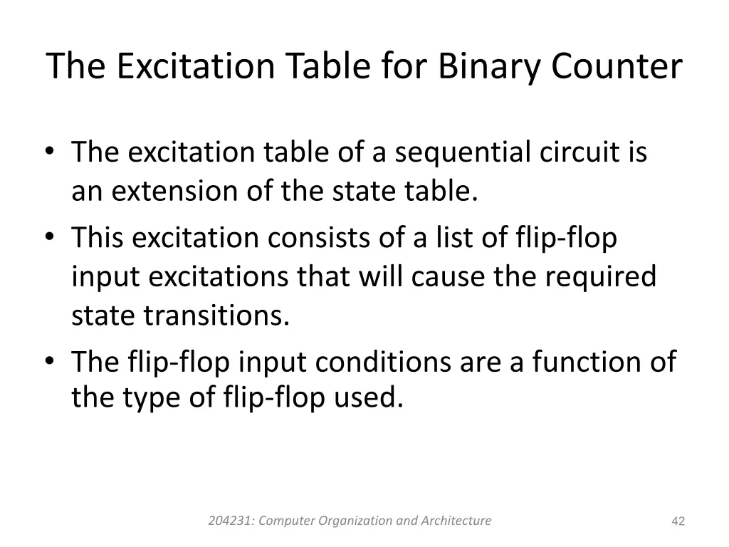 the excitation table for binary counter