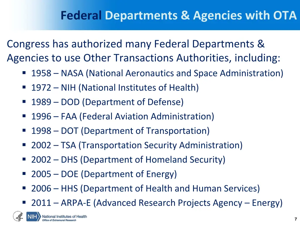 federal departments agencies with ota