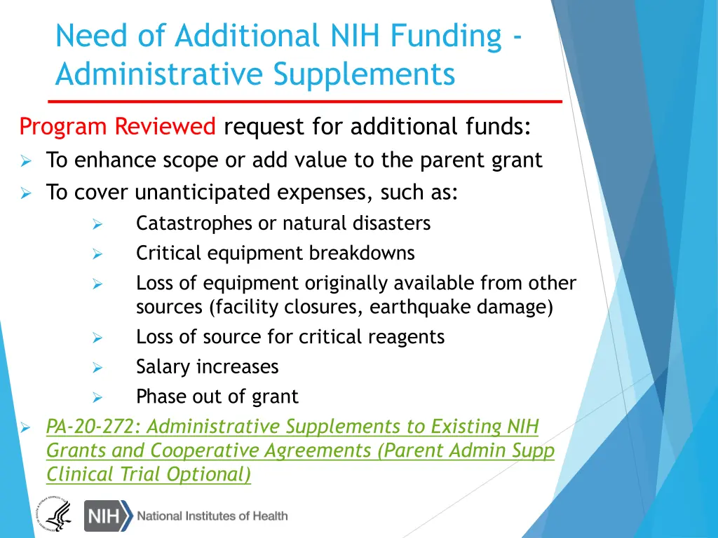 need of additional nih funding administrative