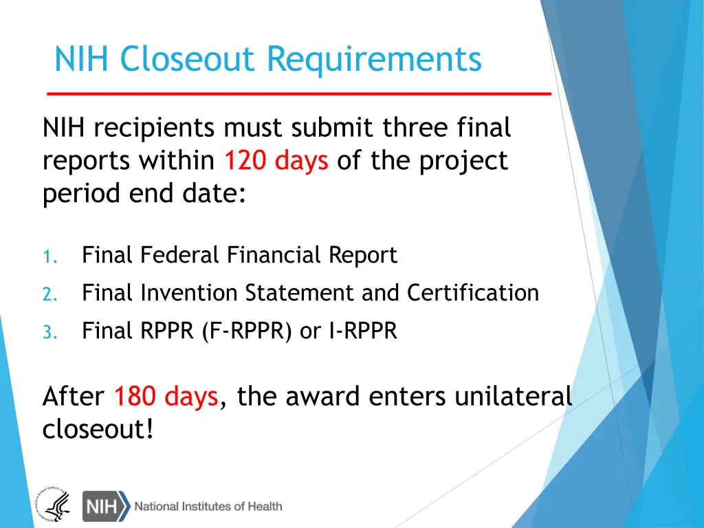 nih closeout requirements