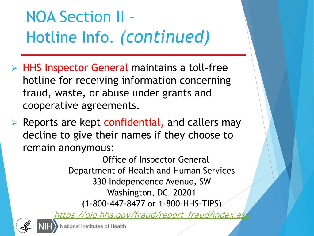 noa section ii hotline info continued