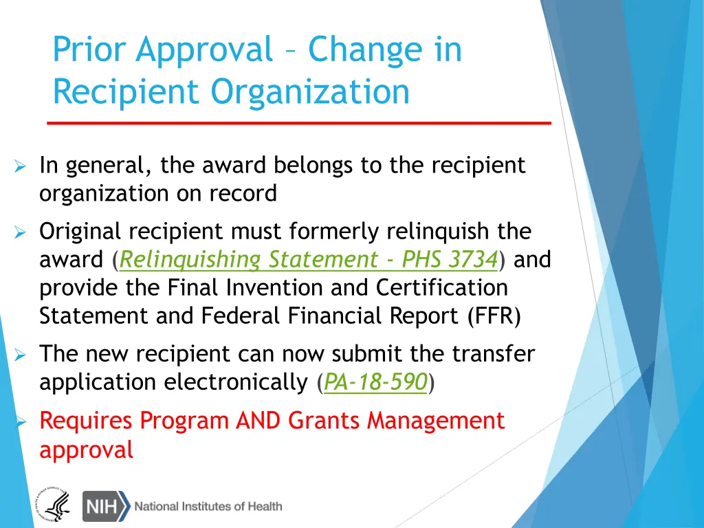 prior approval change in recipient organization