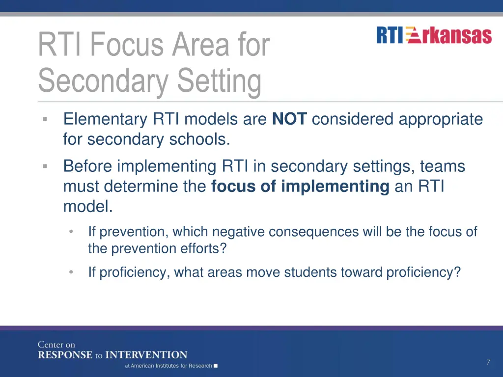 rti focus area for secondary setting