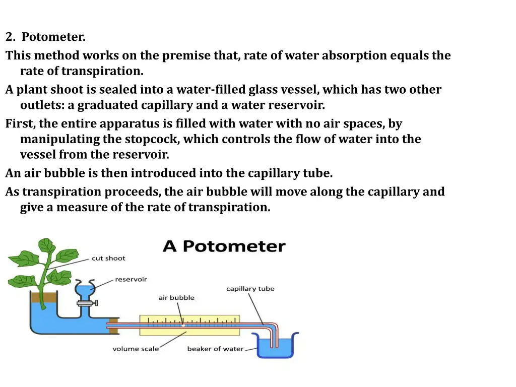 2 potometer this method works on the premise that