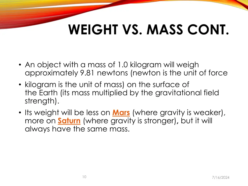 weight vs mass cont