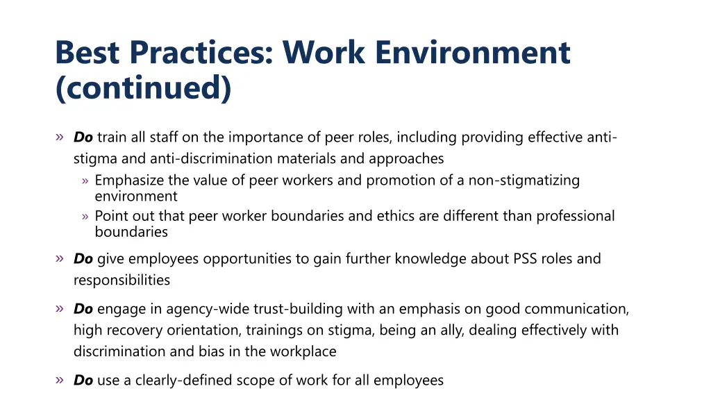 best practices work environment continued