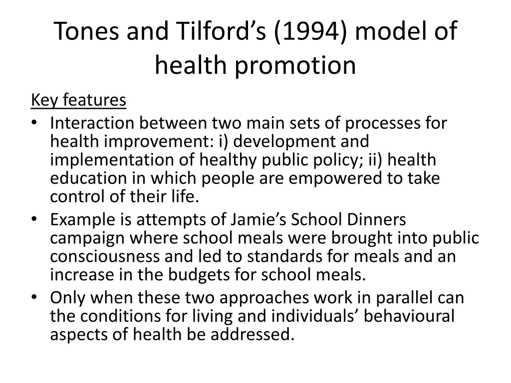 tones and tilford s 1994 model of health promotion