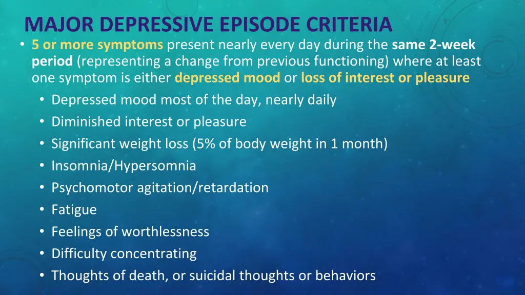 major depressive episode criteria 5 or more