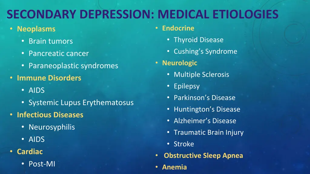 secondary depression medical etiologies neoplasms