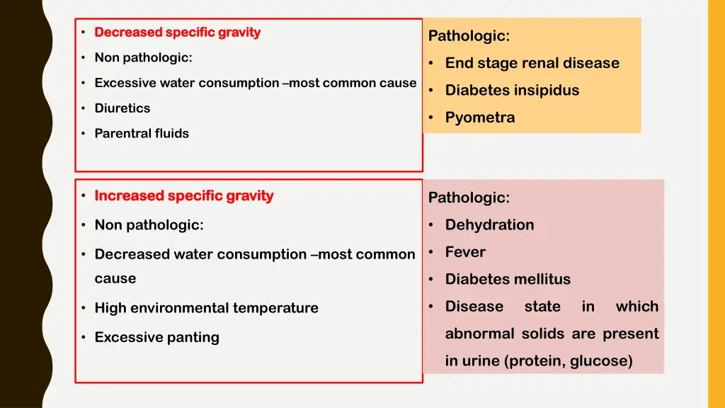 decreased specific gravity decreased specific