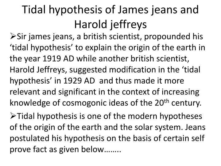 tidal hypothesis of james jeans and harold